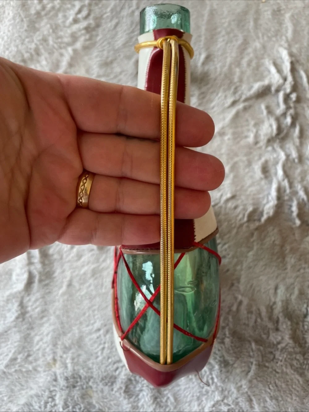 Vintage Spanish Decorative Green Glass White and Red Leather Wrap Wine decanter